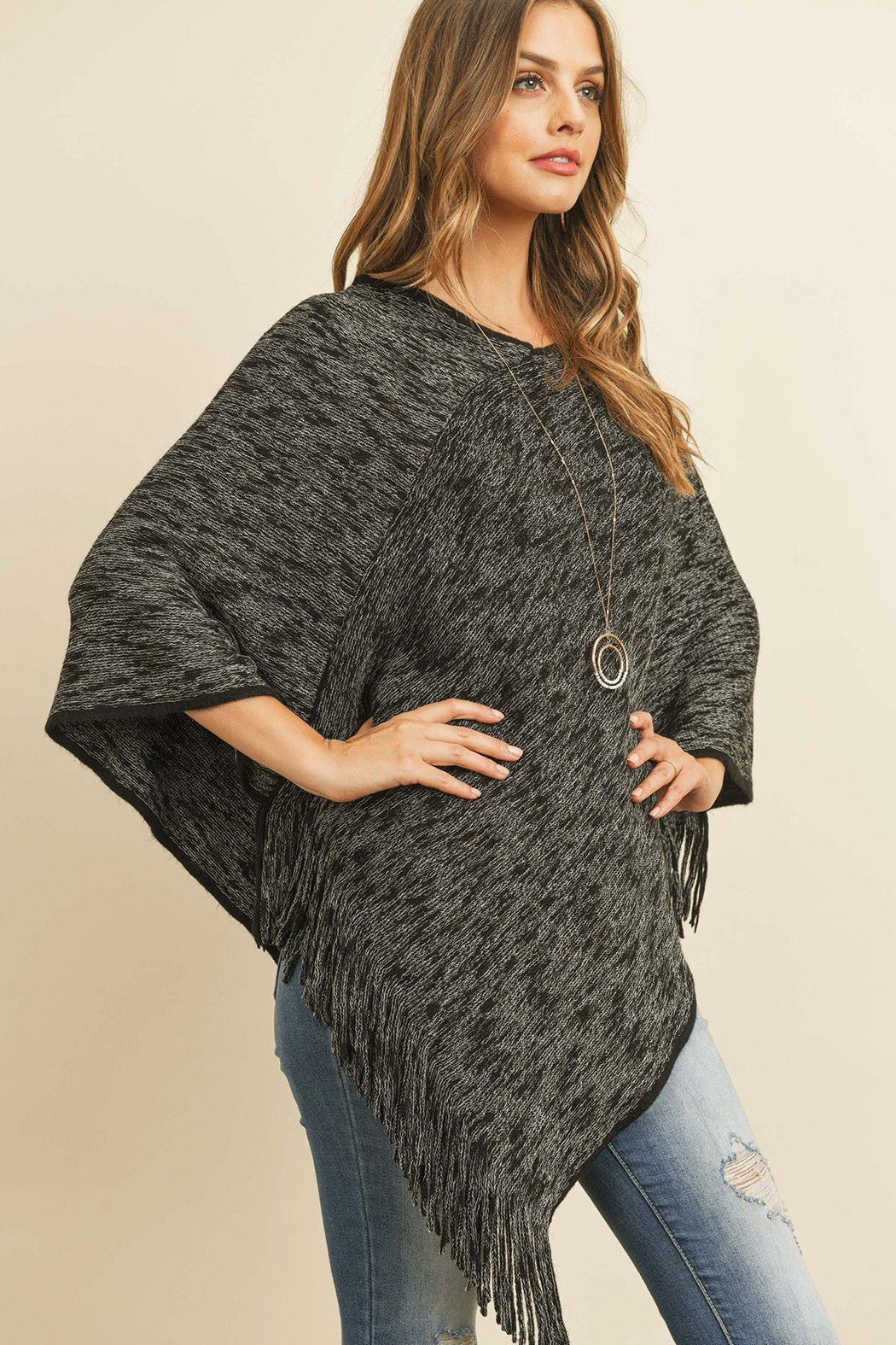 Riah Fashion - Black Two Tone Fringe Poncho - 1 COLOR -