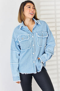 Thumbnail for PEACE Raw Hem Dropped Shoulder Denim Top - T - 2 COLORS -