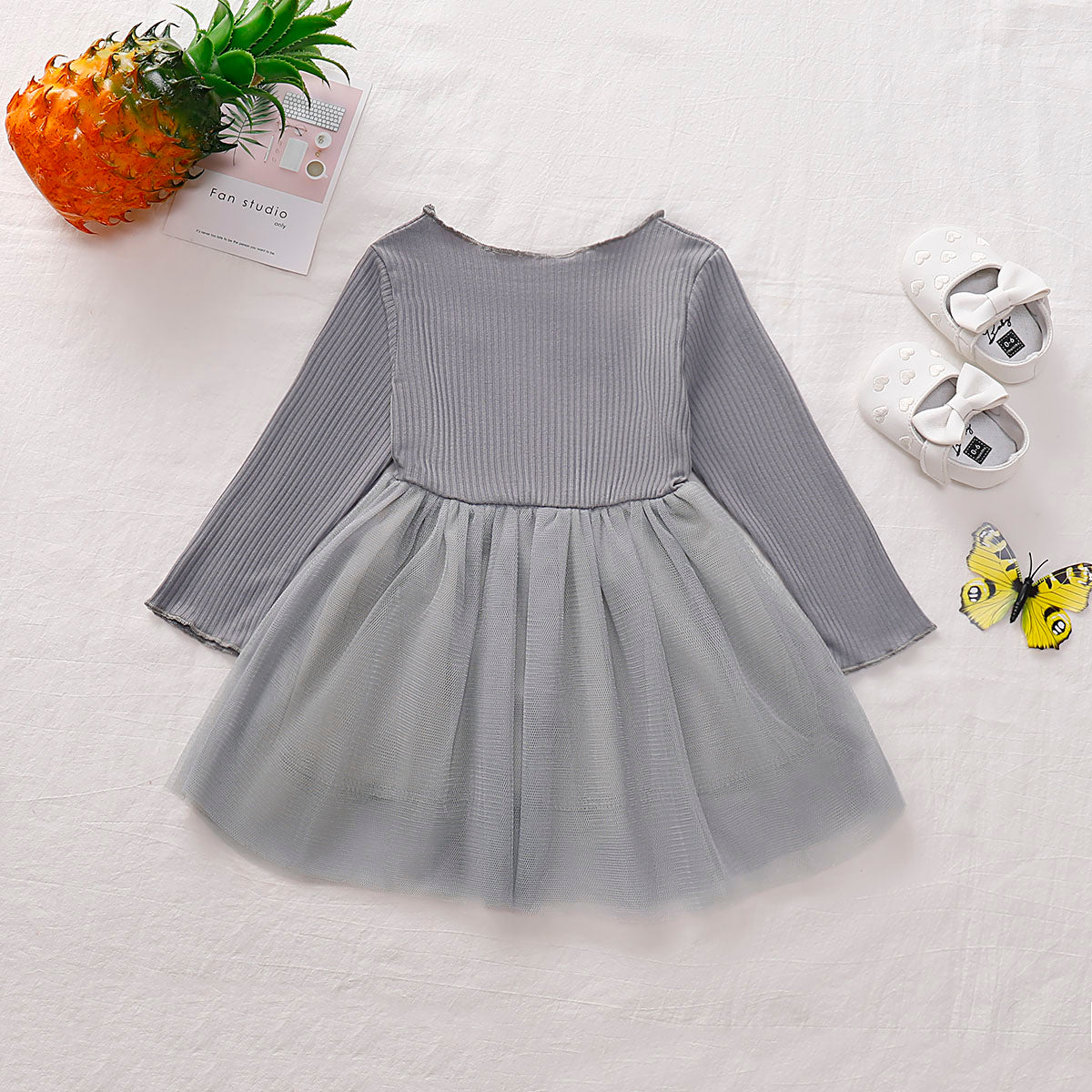 Girls Round Neck Ribbed Tulle Dress - T - 4 SIZES - 2 COLORS -