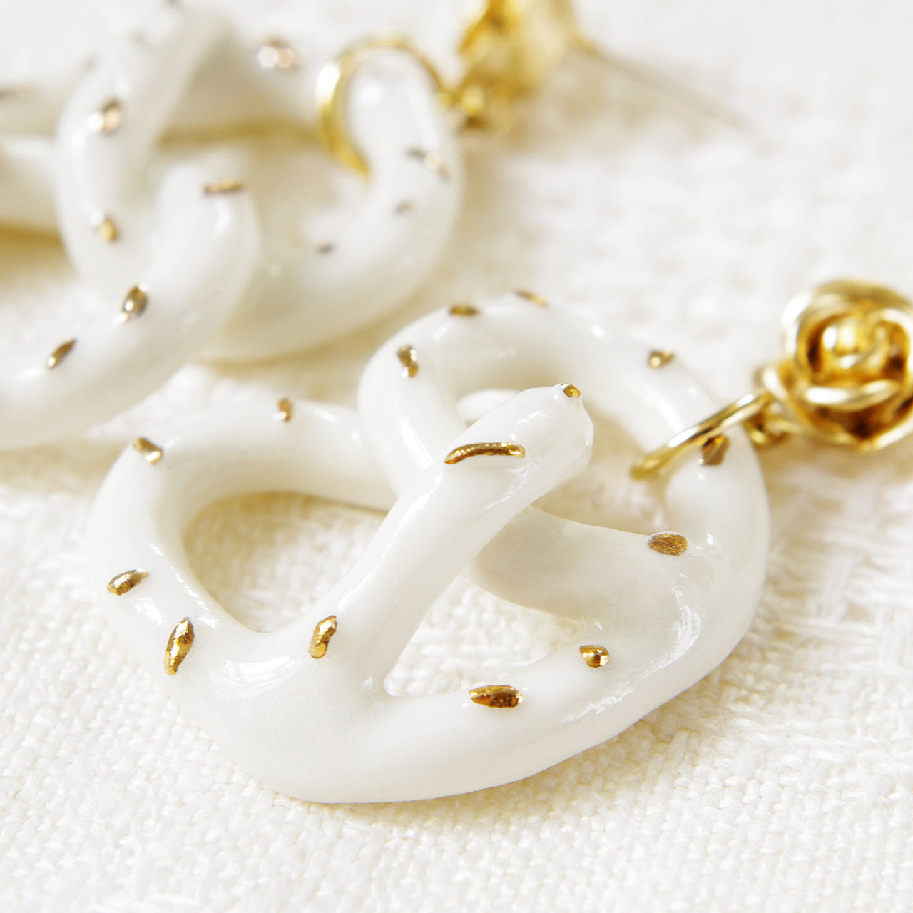 Golden Rose and Salted Porcelain Pretzel Earrings -