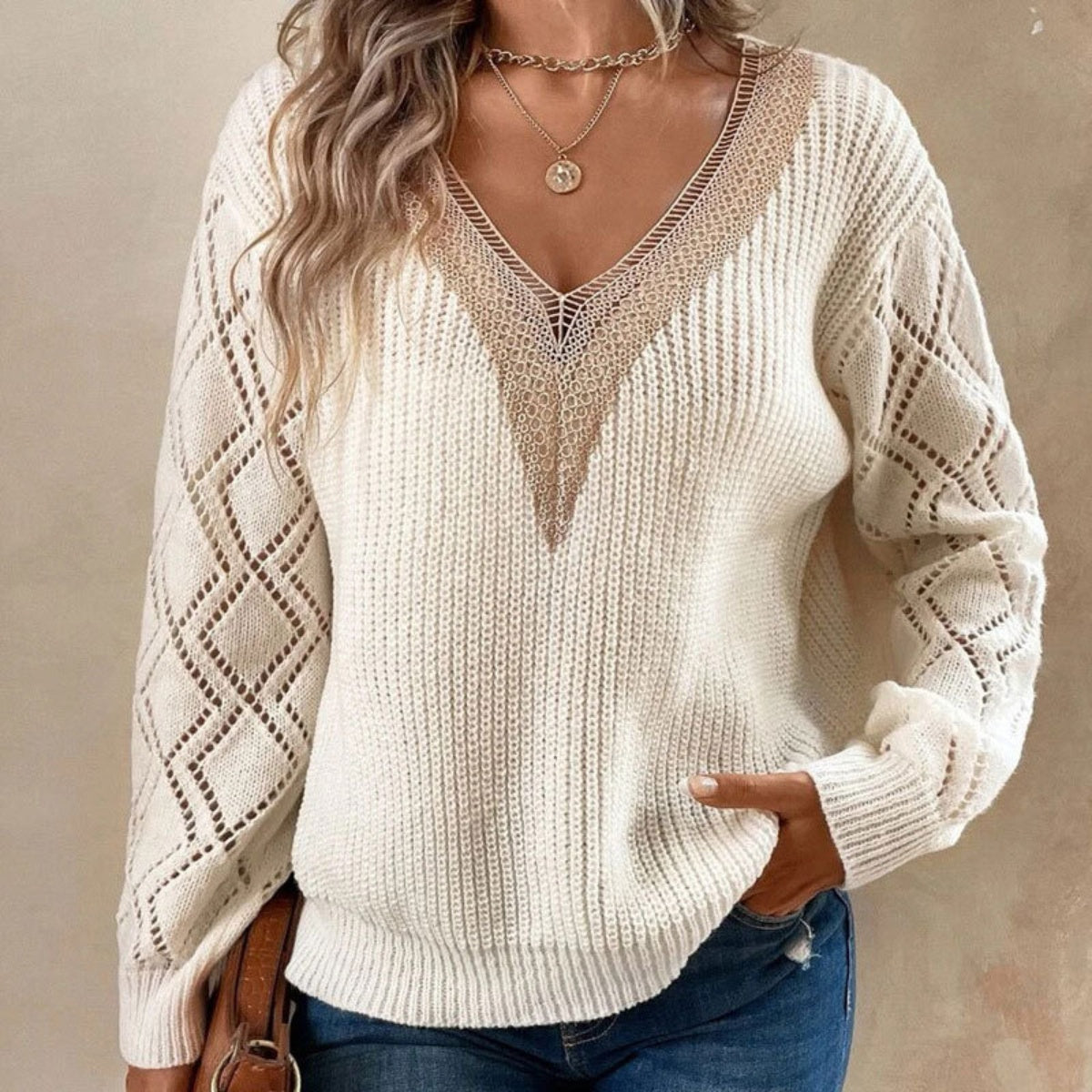 Contrast V-Neck Sweater - T - 2 COLORS -