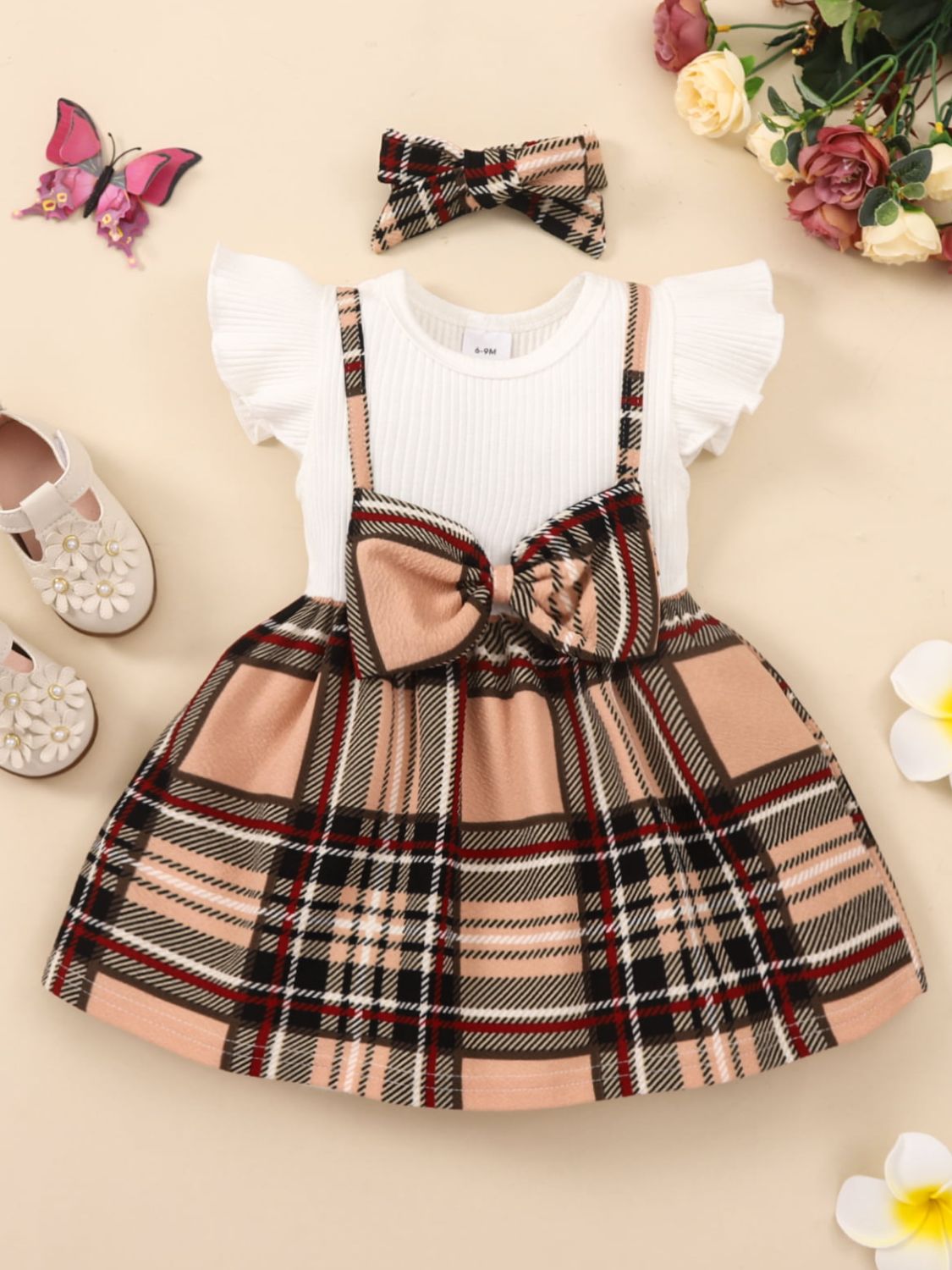 Girls Plaid Bow Detail Ribbed Dress with Headband - T - 6 SIZES - 1 COLOR -