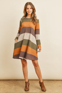 Thumbnail for Riah Fashion - Long Sleeved Rib Stripe Pocket Dress - 3 COLORS -