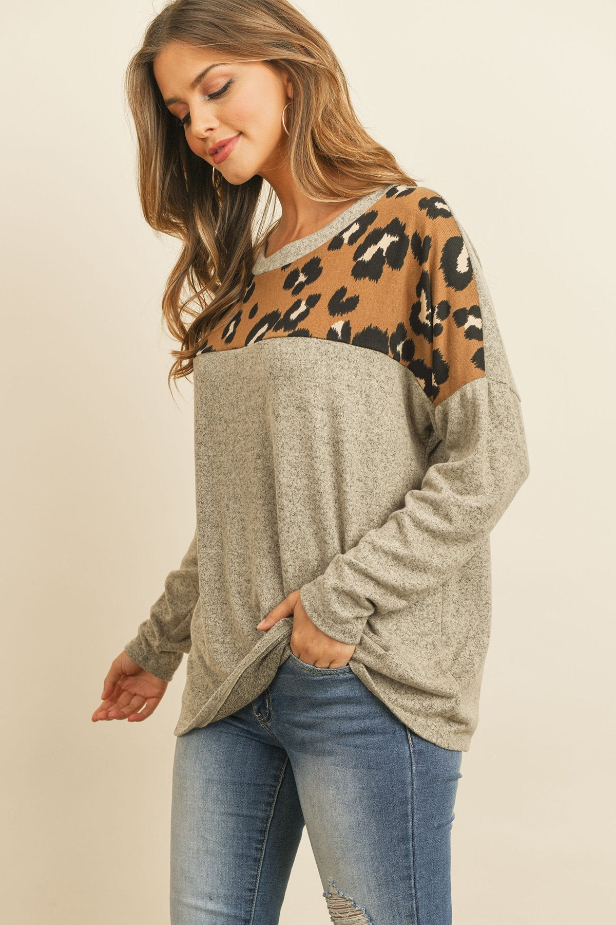 Riah Fashion - Long Sleeve Leopard Contrast Hacci Brushed Top - 3 COLORS -