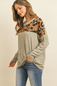 Thumbnail for Riah Fashion - Long Sleeve Leopard Contrast Hacci Brushed Top - 3 COLORS -