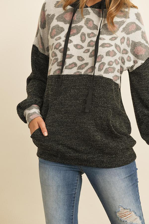 Riah Fashion - Animal Print Contrast Hoodie With Kangaroo Pockets - 2 COLORS -