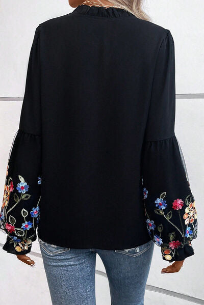 Floral Patched Flounce Sleeve Tie Neck Blouse - T - 1 COLOR -