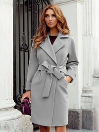 Thumbnail for Women’s Stylish Solid Color Classy Collared Overcoat With Waist Tie And Hand Pockets - K - 3 COLORS --