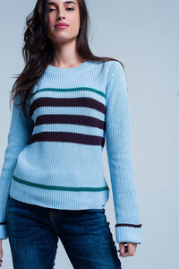 Thumbnail for Q2 - Blue Rib Stitch Sweater With Stripes - 1 COLOR -