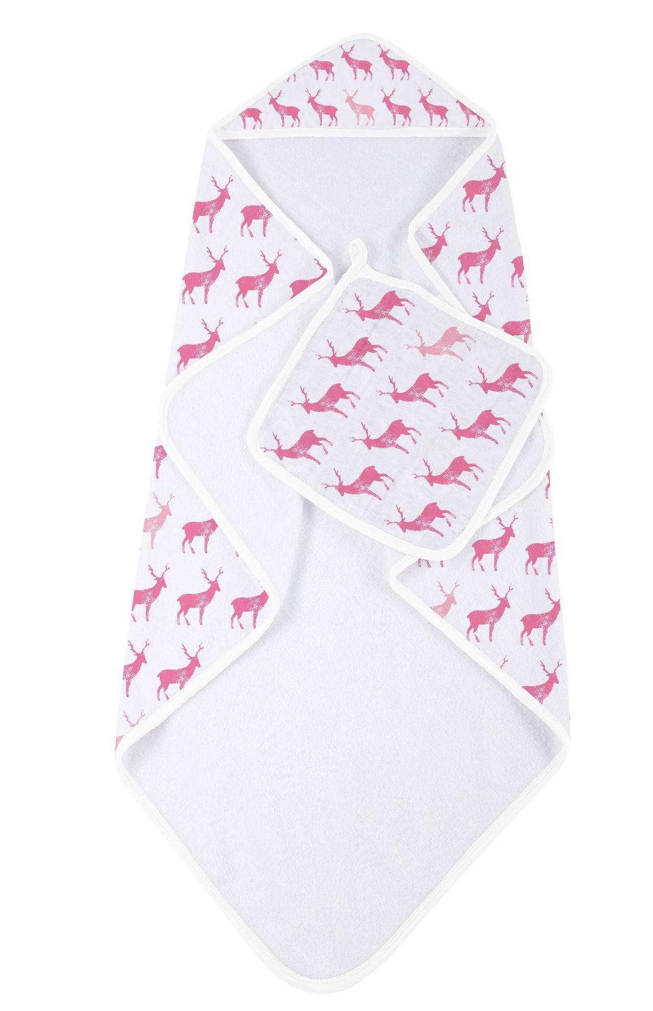 Newcastle - Pink Deer Cotton Hooded Towel and Washcloth Set -