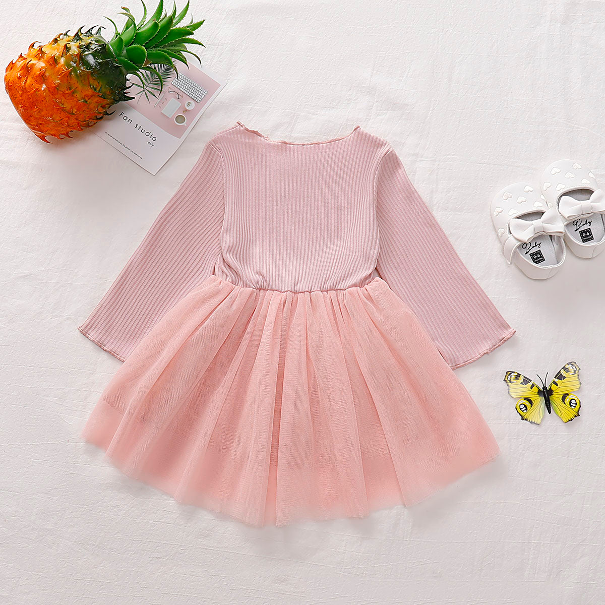 Girls Round Neck Ribbed Tulle Dress - T - 4 SIZES - 2 COLORS -