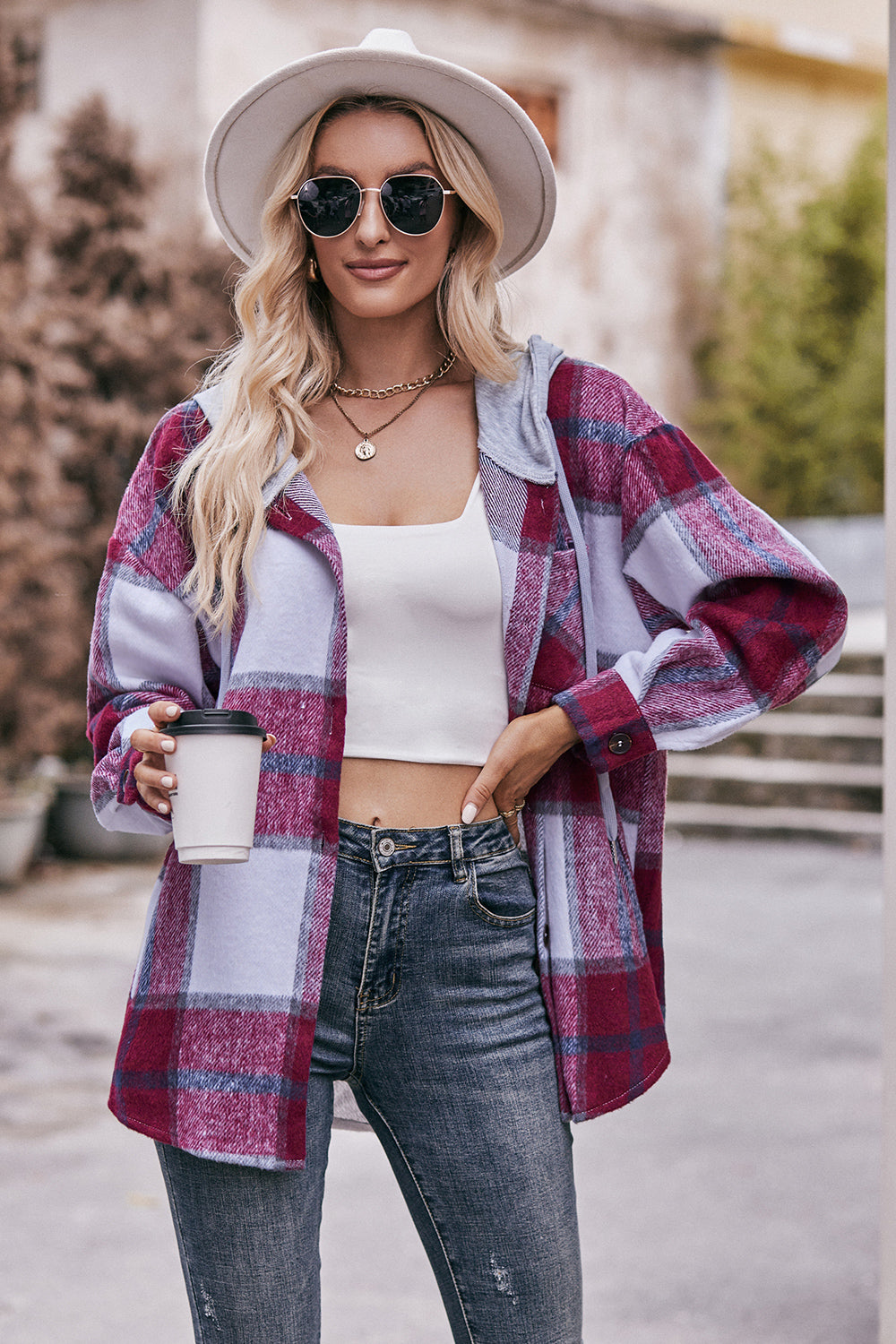 Plaid Dropped Shoulder Hooded Jacket - T - 5 COLORS -