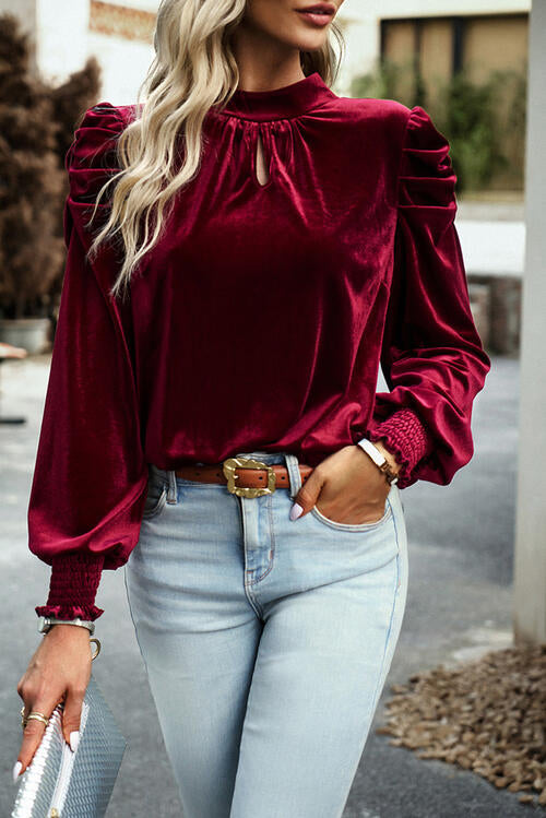 Tie Up Mock Neck Velvet Fabric, Bowed back Long Sleeve Blouse - T - 2 COLORS -