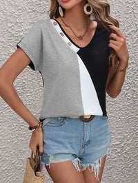 Thumbnail for Color Block Decorative Button V-Neck Tee - T - 3 COLORS -