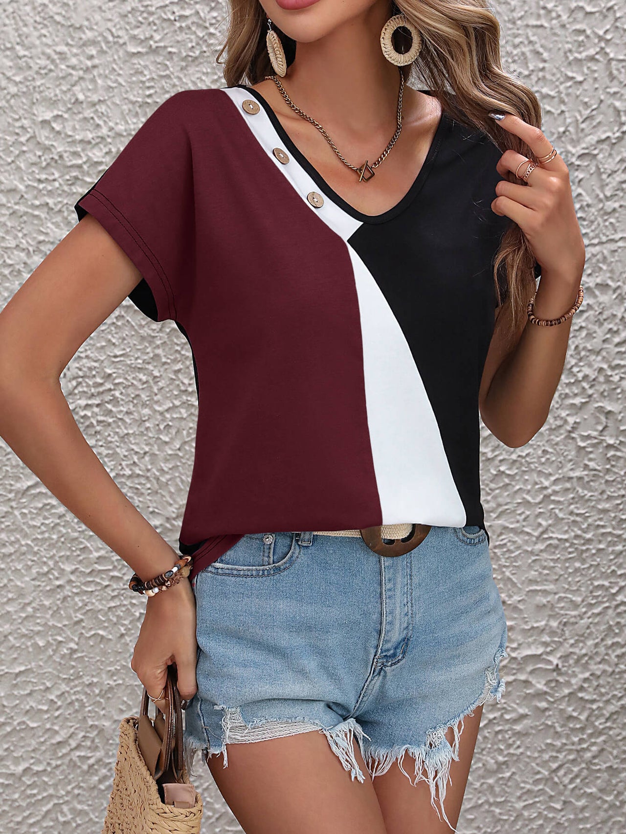 Color Block Decorative Button V-Neck Tee - T - 3 COLORS -