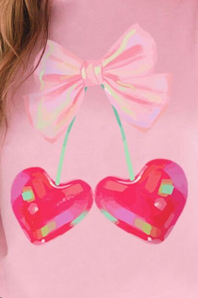 Cherry Heart Bow Round Neck Short Sleeve T-Shirt