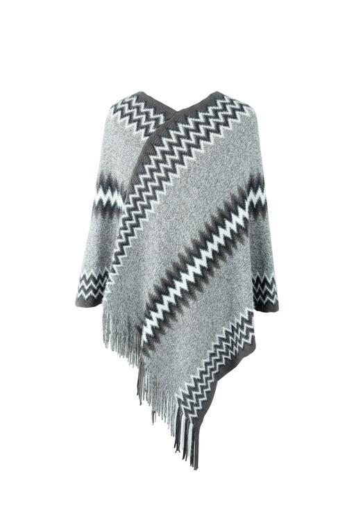 Fringe Hem Striped Cape Sleeve Poncho - T - 5 COLORS -