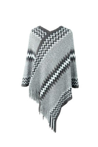 Thumbnail for Fringe Hem Striped Cape Sleeve Poncho - T - 5 COLORS -