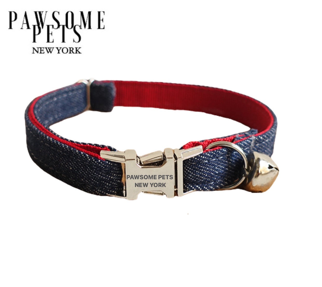 Dog & Cat Collar - Jeans Blue With Red -