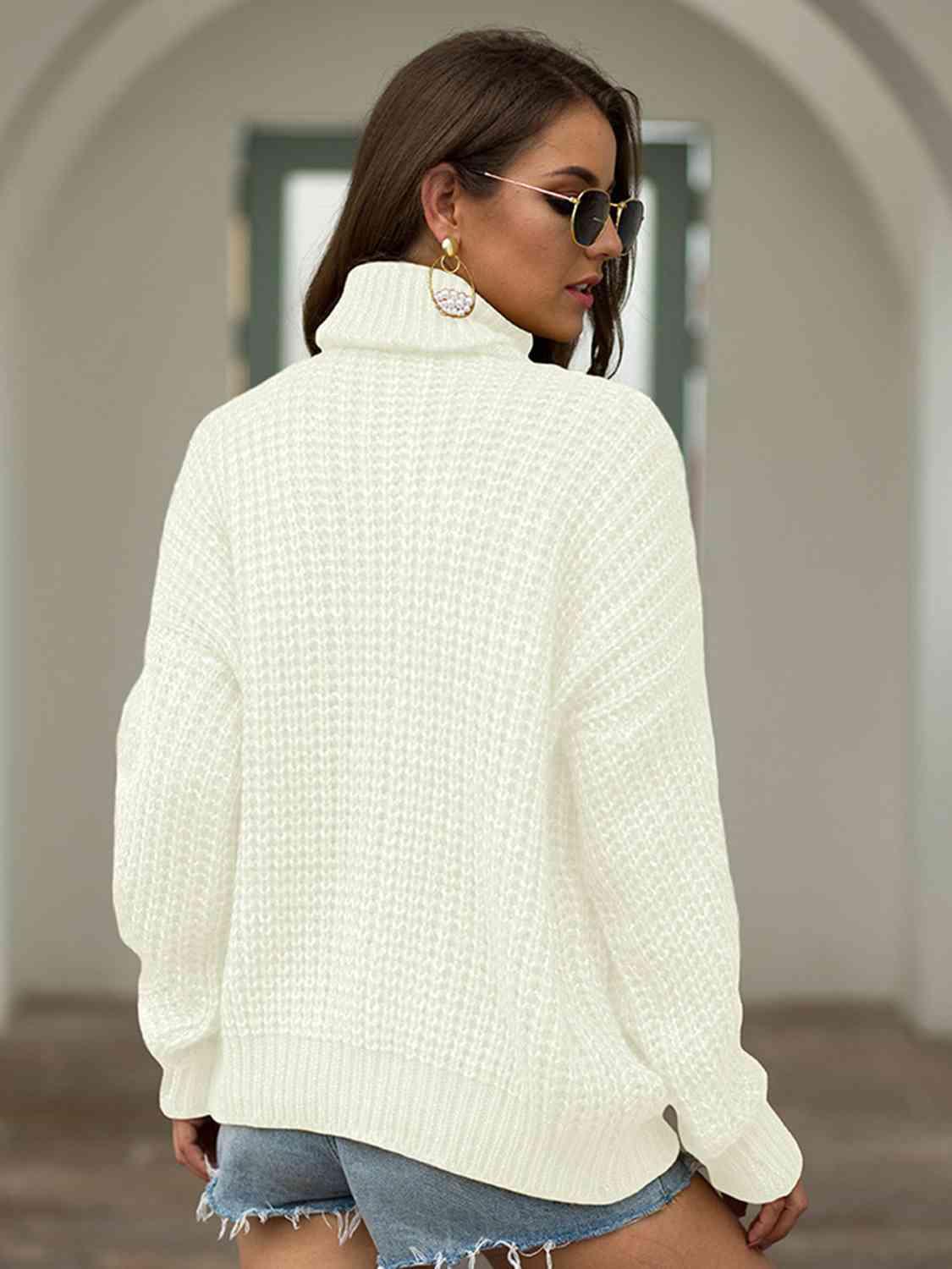 Turtleneck Cable-Knit Dropped Shoulder Sweater - T - 5 COLORS -