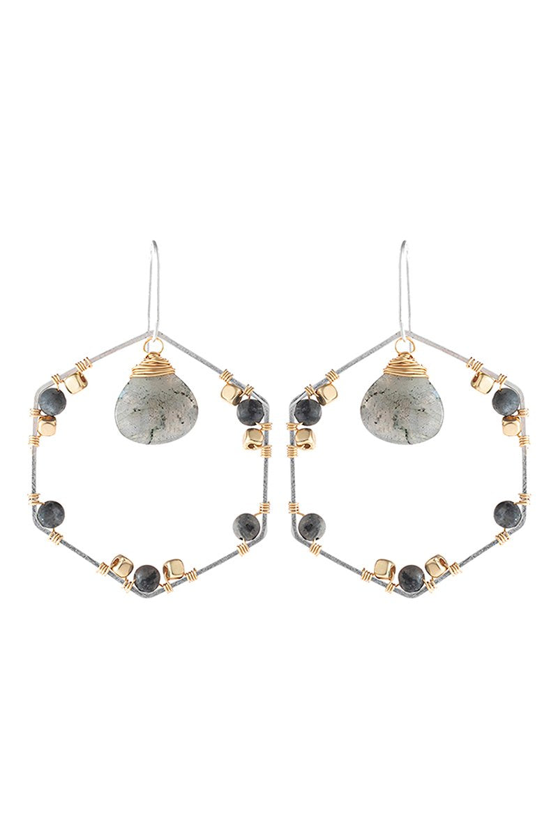 Riah Fashion - Natural Stone Beaded Hexagon Drop Earrings - 5 COLORS -