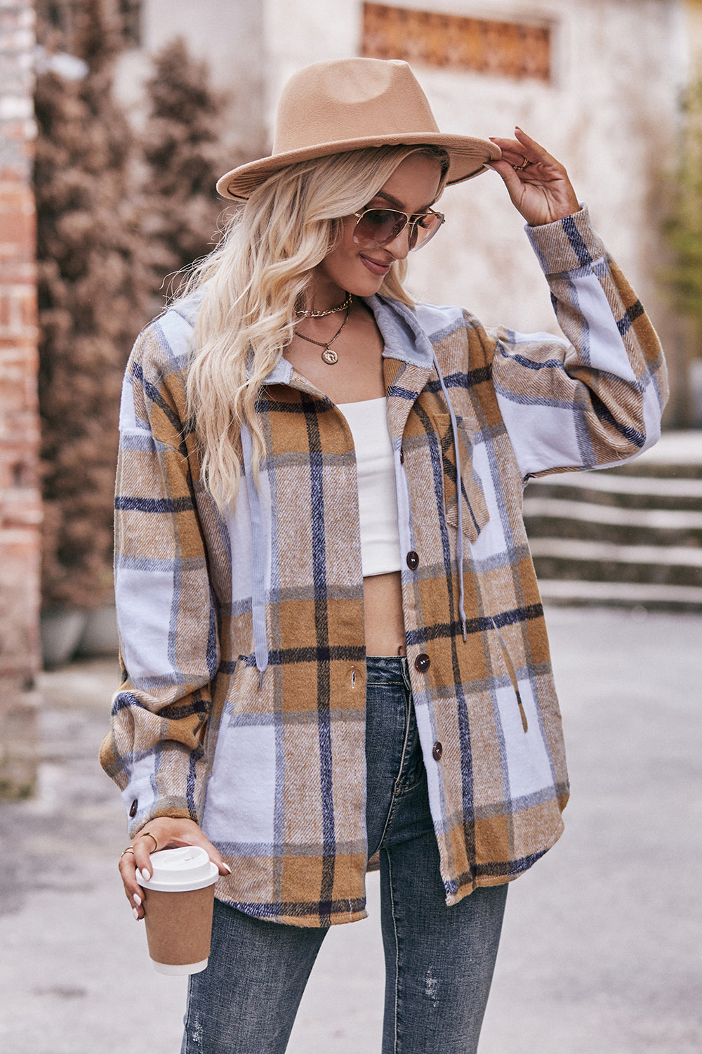 Plaid Dropped Shoulder Hooded Jacket - T - 5 COLORS -