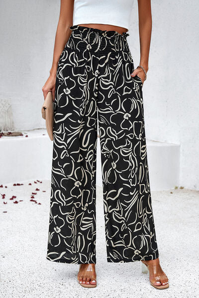 Smocked Printed Wide Leg %100 Viscose Pants with Pockets - T - 4 COLORS -