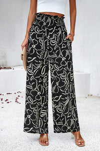 Thumbnail for Smocked Printed Wide Leg %100 Viscose Pants with Pockets - T - 4 COLORS -