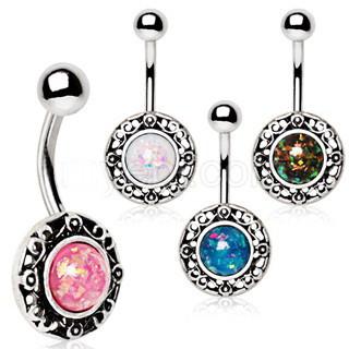 316L Stainless Steel Antique Navel Ring With Adorned Synthetic Opal - 4 MAIN COLORS