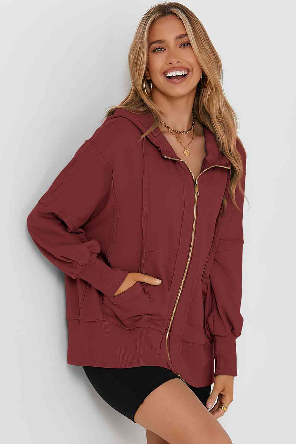 Zip Up Long Sleeve Drawstring Hoodie - T - 3 COLORS -