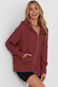 Thumbnail for Zip Up Long Sleeve Drawstring Hoodie - T - 3 COLORS -