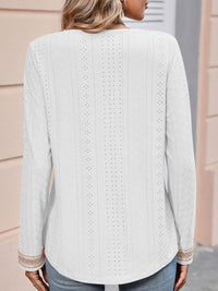 Thumbnail for Contrast V-Neck Eyelet Long Sleeve Top - T - 7 COLORS -