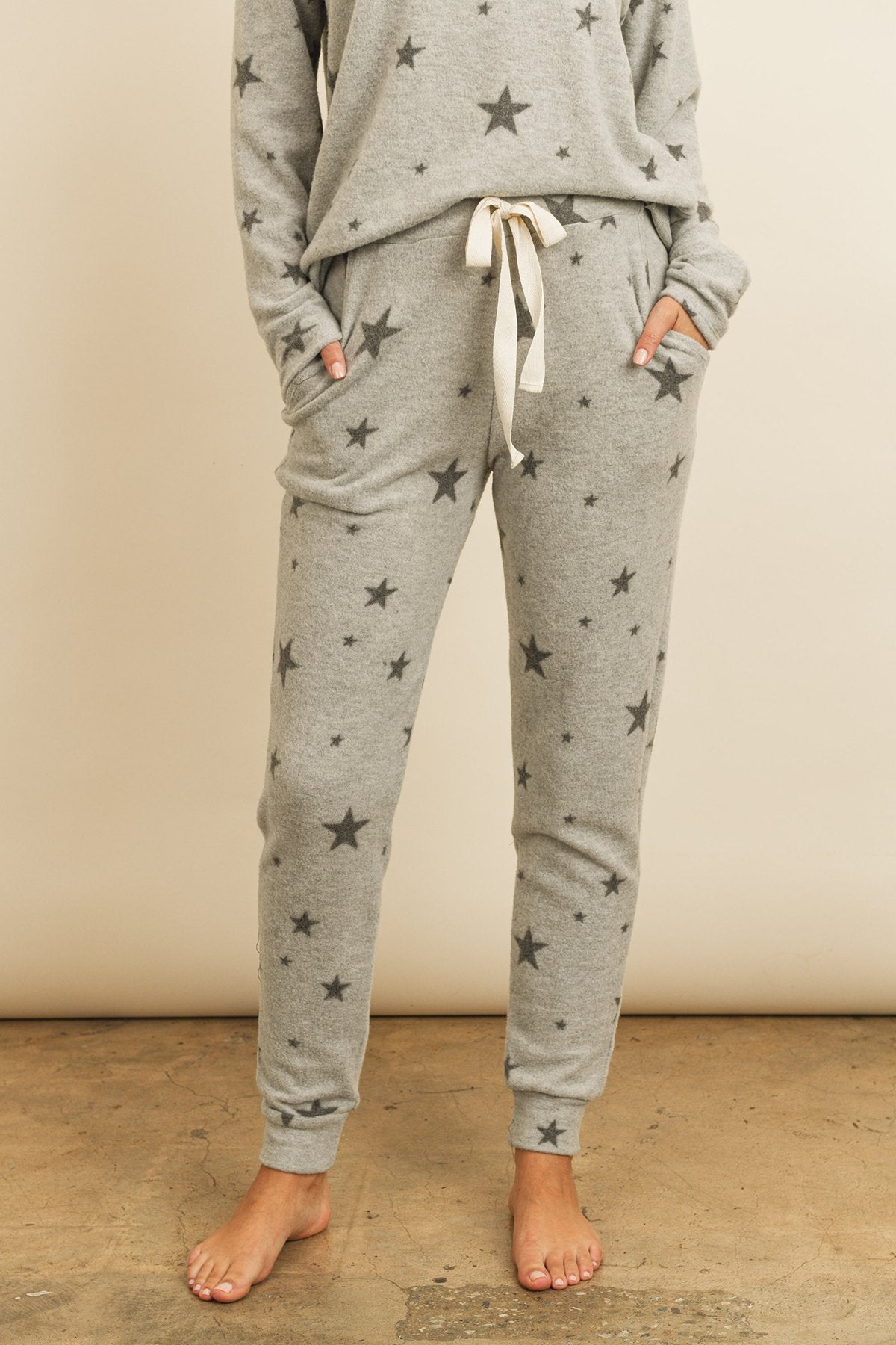 Riah Fashion - Star Print Brushed Top and Joggers Set With Self Tie - 2 PCS - 1 COLOR