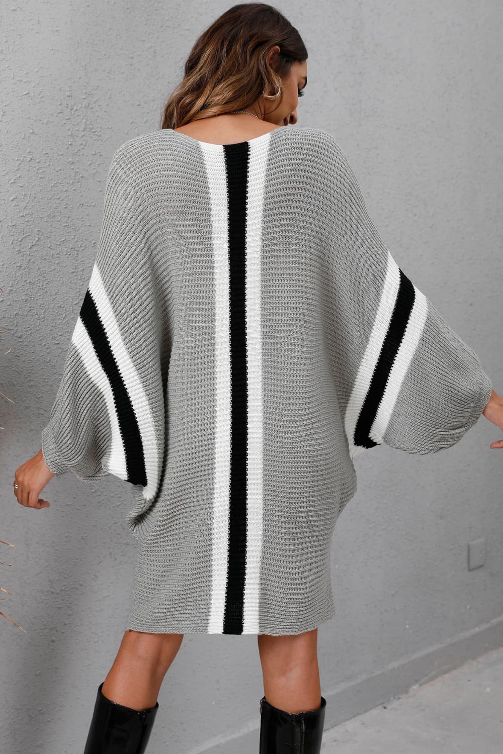 Ribbed Round Neck Long Sleeve Sweater Dress - T - 4 COLORS -