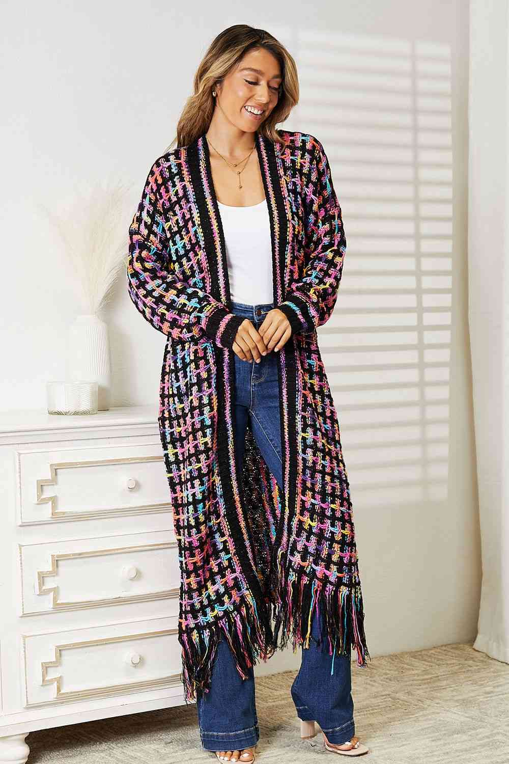 Double Take Full Size Multicolored Open Front Fringe Hem Cardigan - T - SIZES S THRU 3XL - 1 COLOR -