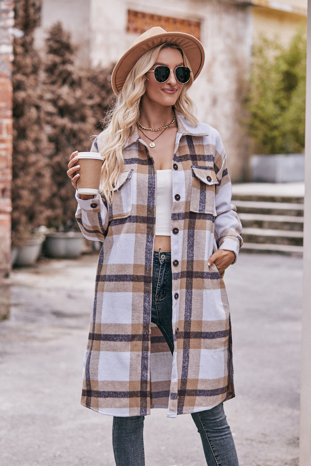 Plaid Dropped Shoulder Longline Jacket - T - 3 COLORS -