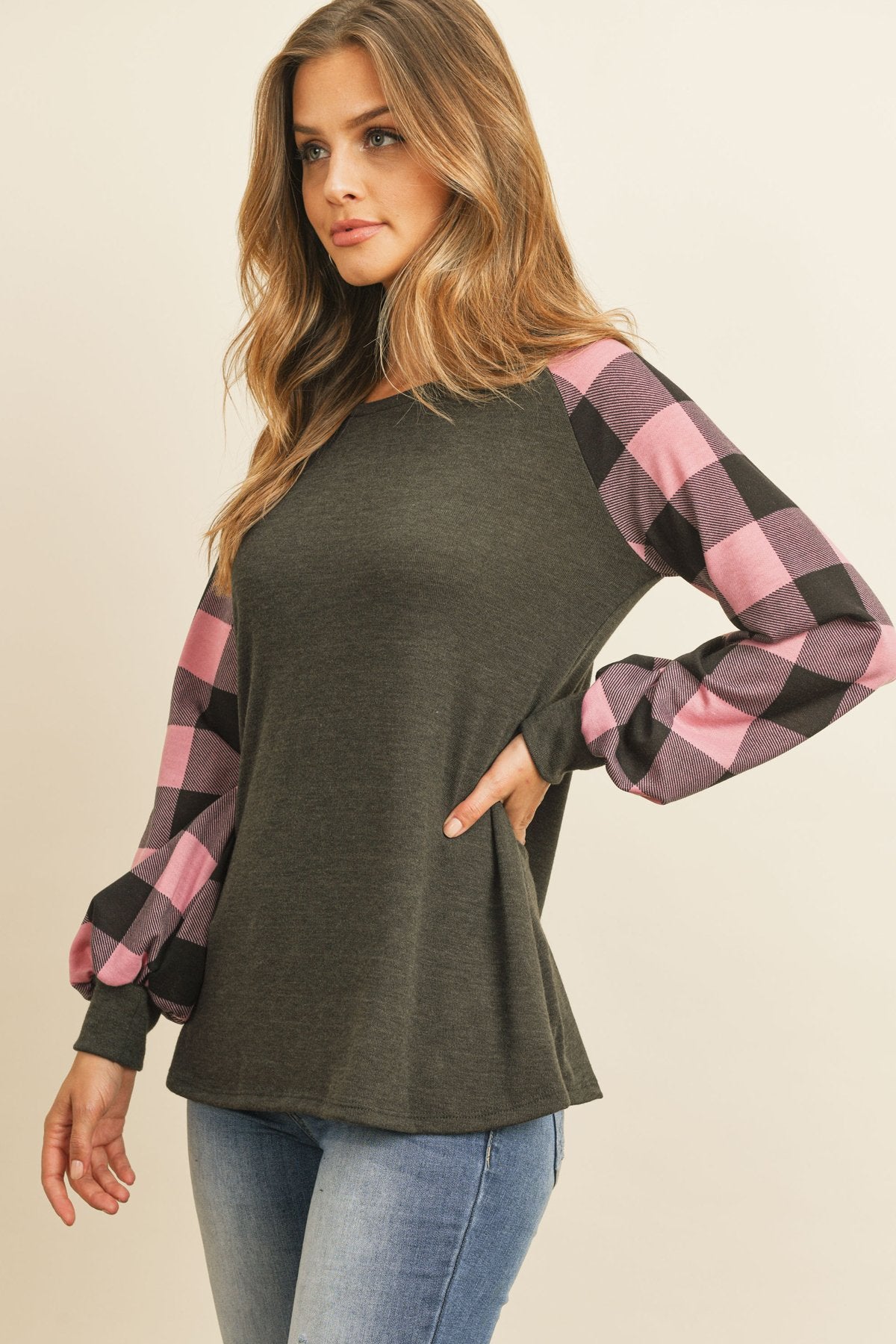 Riah Fashion - Plaid Puff Sleeved Round Neck Top - 3 COLORS -