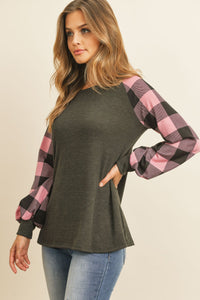 Thumbnail for Riah Fashion - Plaid Puff Sleeved Round Neck Top - 3 COLORS -