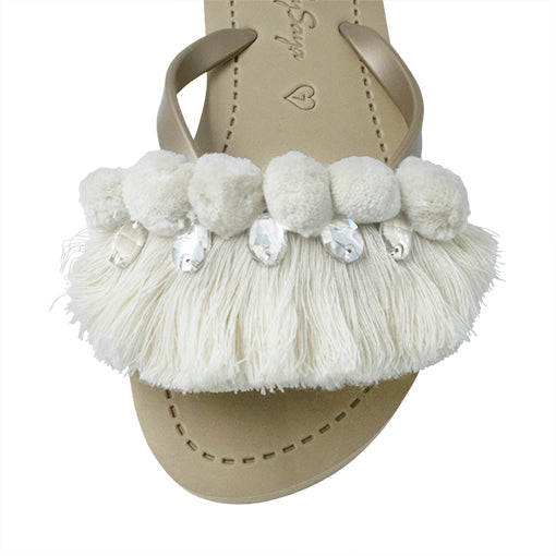 SAND BY SAYA N.Y. - White Pom Pom Fringe - Embellished Flat Flip Flops Sandal - 4 COLORS -