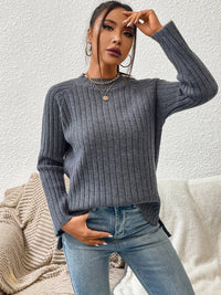 Thumbnail for Round Neck Ribbed Raglan Sleeve Sweater - T - 1 COLOR -