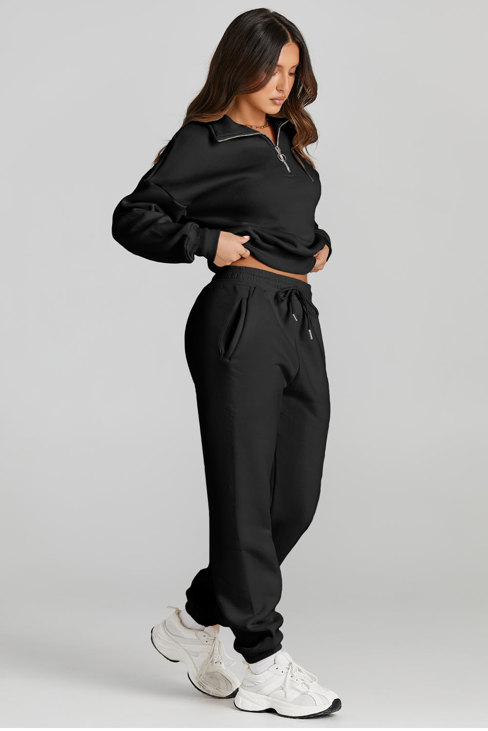 Quarter Zip Top and Drawstring Pants Active Set - 2 PCS. - T - 1 COLOR -