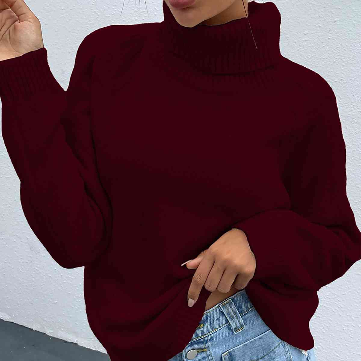 Turtleneck Dropped Shoulder Long Sleeve Sweater - T - 4 COLORS -