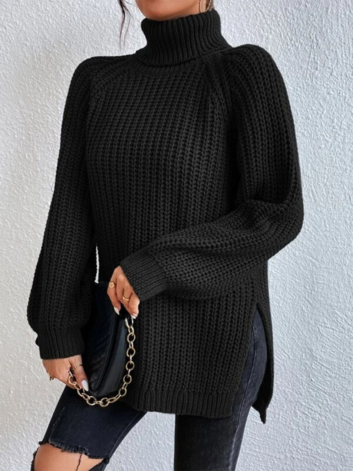 Full Size Turtleneck Rib-Knit Slit Sweater - T - 12 COLORS -