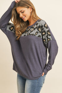 Thumbnail for Riah Fashion - Long Sleeve Leopard Contrast Hacci Brushed Top - 3 COLORS -