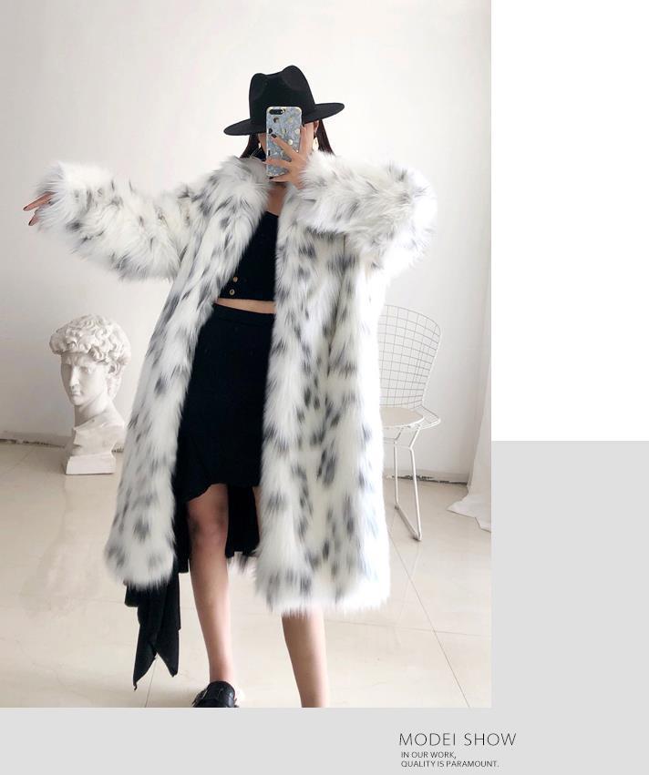 Sharon Tatem - Faux Fox Fur Coat - Casual Snow Leopard Print Fur Jacket - Thick Warm Mid-Long Plush Outer -