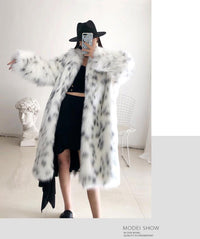 Thumbnail for Sharon Tatem - Faux Fox Fur Coat - Casual Snow Leopard Print Fur Jacket - Thick Warm Mid-Long Plush Outer -