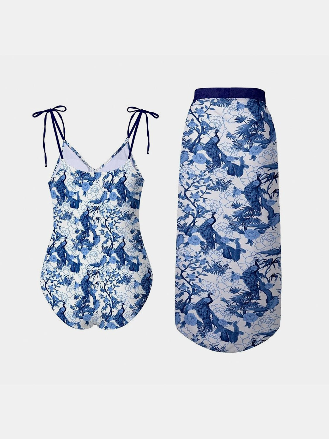 Printed Tie Shoulder Swimwear and Skirt Swim Set - 2 PCS. - T - 1 COLOR -