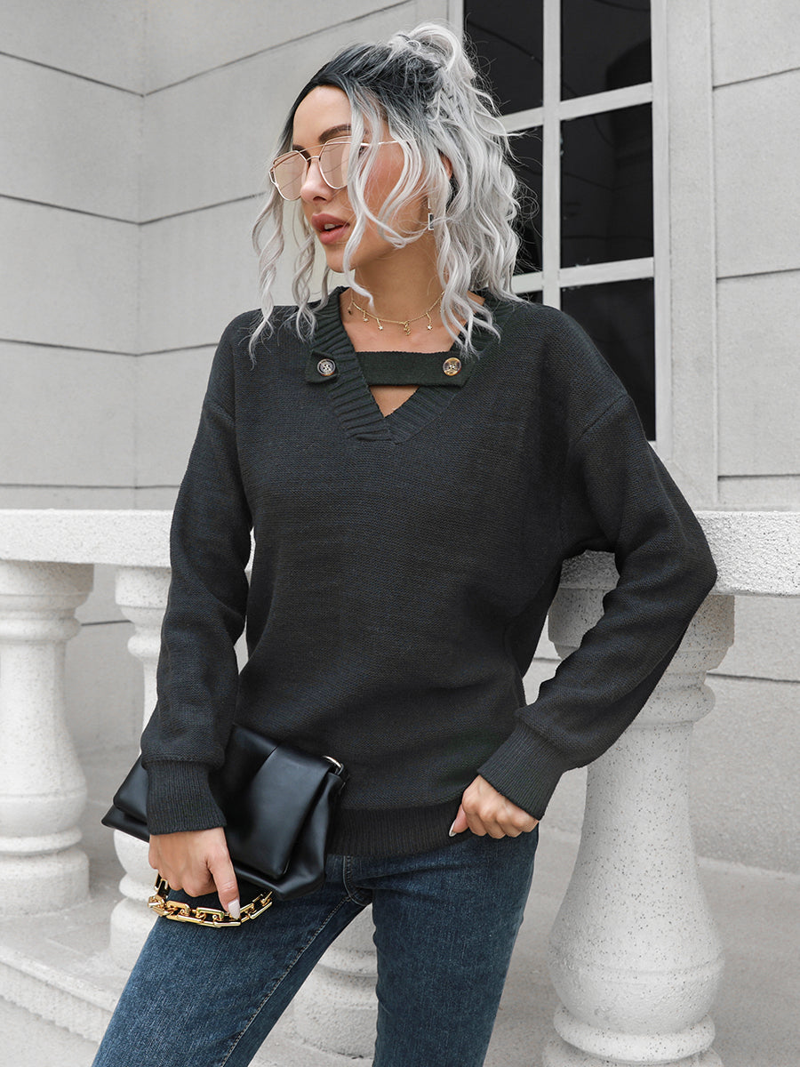 Dropped Shoulder Button Detail Sweater - T - 2 COLORS -