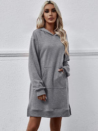 Thumbnail for Slit Long Sleeve Hooded Dress with Pocket - T - 9 COLORS -