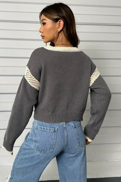 Contrast Openwork Long Sleeve V-Neck Sweater - T - 1 COLOR -